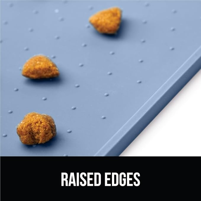 GORILLA GRIP 100% Waterproof Raised Edge BPA Free Silicone Pet Feeding Mat, Dog Cat Food Mats Contain Spills Protects Floors, Placemats for Cats and Dogs Water Bowl, Pets Accessories 16x10, Blue-Mewly Pet