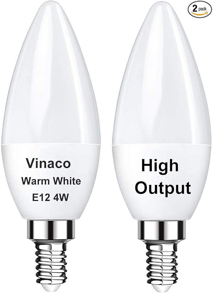 Vinaco 2 Pack E12 LED Candelabra Bulb, 400LM 4W 3000K Warm White, High Brightness, Long Lifespan, Energy Efficient, Flicker-Free, Great for Ceiling Fan Light Bulb
