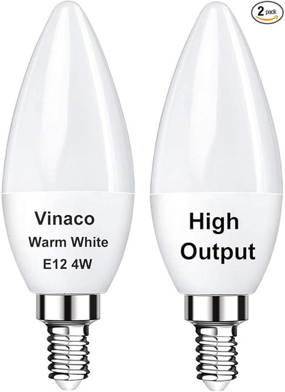 Vinaco 2 Pack E12 LED Candelabra Bulb, 400LM 4W 3000K Warm White, High Brightness, Long Lifespan, Energy Efficient, Flicker-Free, Great for Ceiling Fan Light Bulb