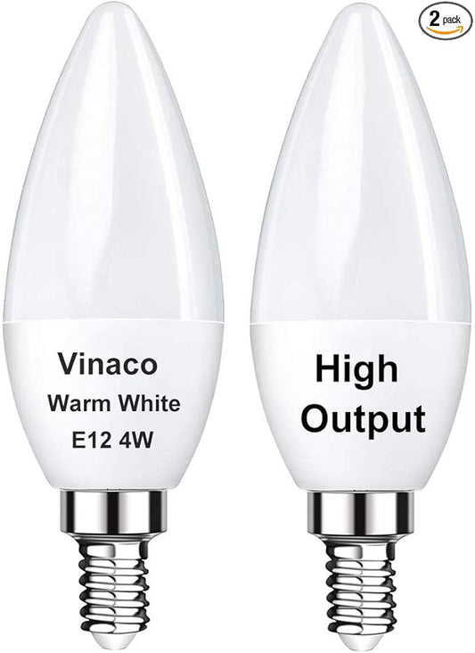 Vinaco 2 Pack E12 LED Candelabra Bulb, 400LM 4W 3000K Warm White, High Brightness, Long Lifespan, Energy Efficient, Flicker-Free, Great for Ceiling Fan Light Bulb