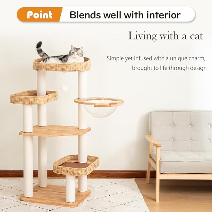 48'' Cat Tree for Large Cats, Modern Cat Tree Multi-Level Condo with Natural Wood, Cat Activity Centre for Medium and Big Pets (White LS02)-Mewly Pet
