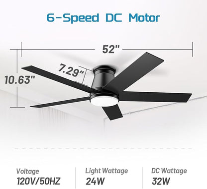 wurzee 52" Flush Mount Low Profile Ceiling Fan, Black,6 Speeds DC Reversible Motor,Timing, Dimmable for Indoor, Patio,Porch, Garage, Shop