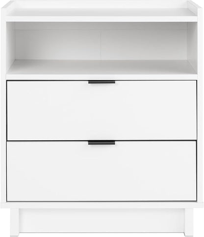 Prepac Simply Modern Nightstand Bedside Table, White Nightstand for Bedroom, End Table with 2 Drawers and Open Shelf 23.75" W x 26.75" H x 16" D