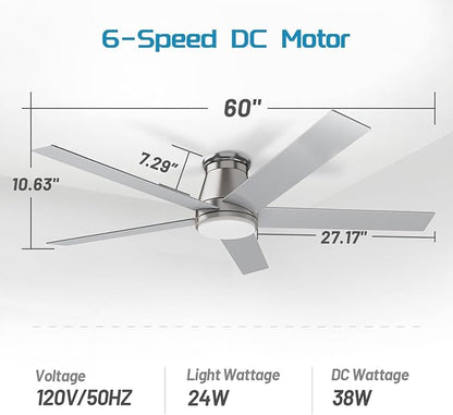 wurzee 60 inch Flush Mount Ceiling Fan Brushed Nickel ceiling fans with lights 6 Speeds DC Reversible Motor, Timing, Dimmable, 5 Blades for Bedroom,Living Room Dining Room Patio