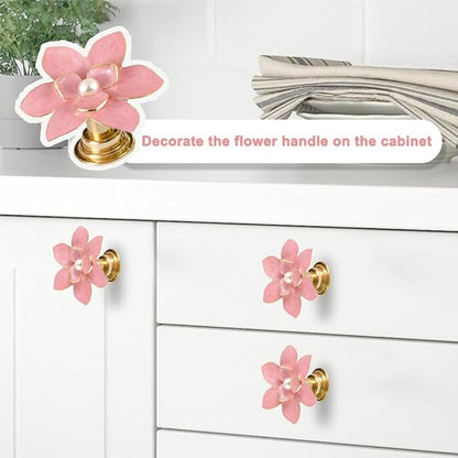 4 Pcs Petal Cabinet Knobs，Zinc Alloy Flower Shape Single Hole Knob with Screws for Dresser Handles Cabinet Wardrobe Door Handle Decorative Furniture (Pink Flower Pearl)