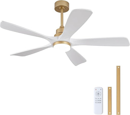 BOJUE 52 Inch Ceiling Fans with Lights and Remote Control, White Gold Ceiling Fan with Light for Bedroom, Noiseless DC Motor, Dimmable Led 5 Solid Wood Blades