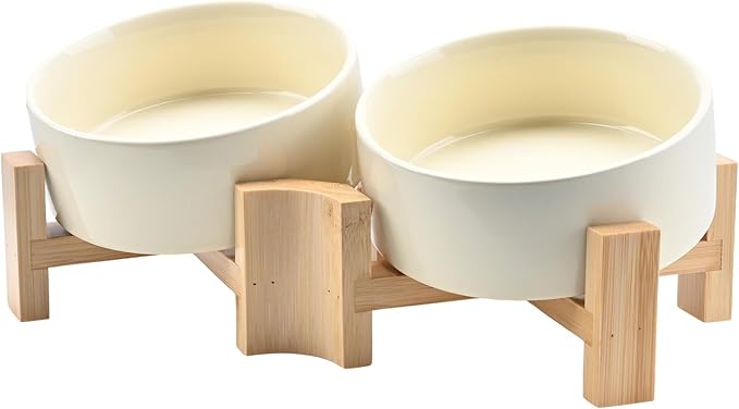 SPUNKYJUNKY 15° Slanted Ceramic Dog and Cat Bowl with Wooden Stand, Tilted Bulldog Food and Water Bowl No Slip Non-Spill for Cats Medium Dogs Big Face Pets 13.5 OZ (1.7 Cups, Beige × 2)-Mewly Pet