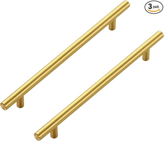 JOY DECOR 3 Pack Cabinet Handles, Gold Cabinet Pulls, 7-1/2 in Hole Center Kitchen Cabinet Handles, Stainless Steel T Bar Handles for Dresser Drawers