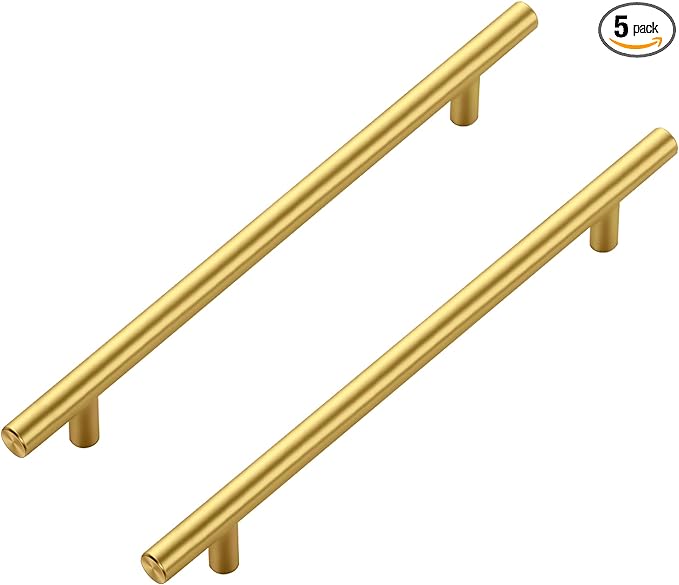 JOY DECOR 5 Pack Cabinet Handles, Gold Cabinet Pulls, 7-1/2 in Hole Center Kitchen Cabinet Handles, Stainless Steel T Bar Handles for Dresser Drawers