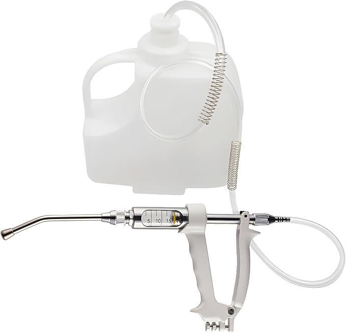 20ML Veterinary Metal Feeding Gun, Continuous Drench Gun Dosing Device Veterinary Adjustable Medicine Dispenser Husbandry Autonomous Feeding Tool, for Pig Cow, Sheep, Horse (White Color, 20ML+Kettle)-Mewly Pet