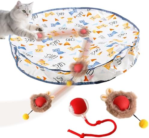 Interactive Cat Toys Ball - 2pcs Automatic Fast Rolling Ball in Play Mat, Hide and Seek Mouse Catching Game, Low-Noise Cat Enrichment Toys in Pouch for Indoor Bored Cats(Heart Patterns - Round)-Mewly Pet