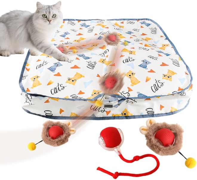 Interactive Cat Toys Ball - 2pcs Automatic Fast Rolling Ball in Play Mat, Hide and Seek Mouse Catching Game, Low-Noise Cat Enrichment Toys in Pouch for Indoor Bored Cats(Heart Pattern-Square)-Mewly Pet