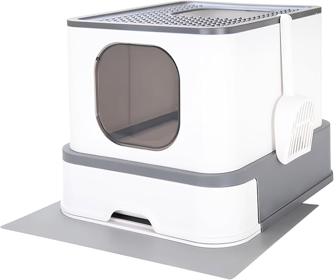 RIZZARI Cat Litter Box Stainless Steel Top-Entry : Leak-Proof Enclosed Design Reduces Odor, for Indoor Cats & Owners (Dark Gray)-Mewly Pet