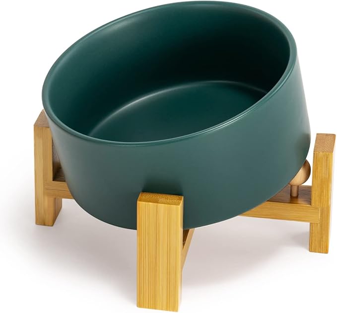 SPUNKYJUNKY 15° Slanted Ceramic Dog and Cat Bowl with Wooden Stand, Tilted Bulldog Food and Water Bowl No Slip Non-Spill for Cats Medium Dogs Big Face Pets 28.7 OZ (3.6 Cups, Green)-Mewly Pet