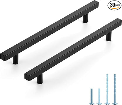 JOY DECOR 30 Pack 7-1/2 Inch Matte Black Square Cabinet Handles Stainless Steel Cabinet Hardware Pulls for Kitchen and Drawers with 10 Inch Overall Length