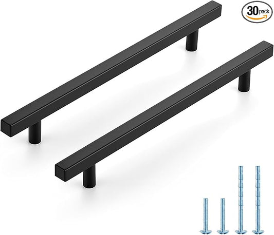 JOY DECOR 30 Pack 7-1/2 Inch Matte Black Square Cabinet Handles Stainless Steel Cabinet Hardware Pulls for Kitchen and Drawers with 10 Inch Overall Length
