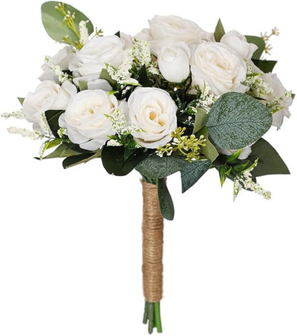 Artificial White Rose Wedding Bouquet - Faux Bride & Bridesmaid Bouquet for Wedding Decor