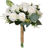 Artificial White Rose Wedding Bouquet - Faux Bride & Bridesmaid Bouquet for Wedding Decor