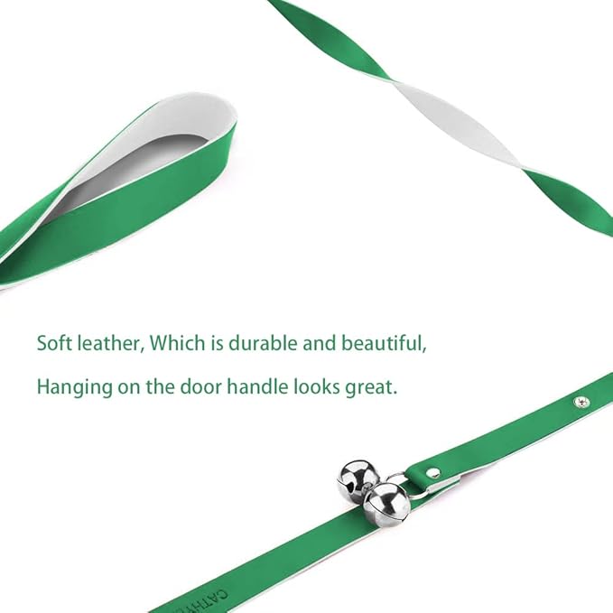 Leather Dog Doorbells for Door Knob/Potty Training/Go Outside, Length Adjustment Copper Dog Bell, Housetraining Hanging Bell, Green Leather Silver Bells.-Mewly Pet