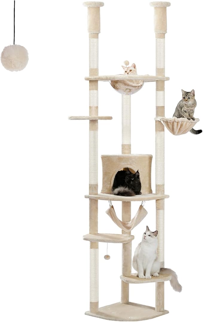 PEQULTI Floor to Ceiling Cat Tree 92.9’’-101.6’’ Height Adjustable Cat Tower Tall Kitty Climbing Play House with Scratching Posts, Cozy Condo, Perches and Large Hammock for Indoor Cats Beige-Mewly Pet