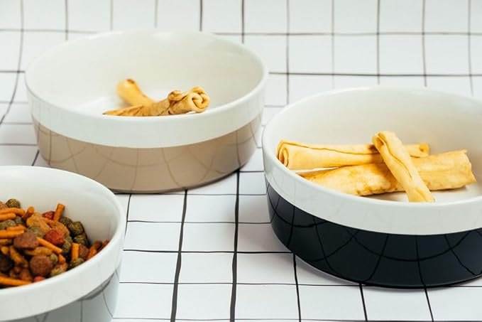 Waggo Dipper Ceramic Dog Bowl for Small and Large Breeds - Heavyweight and Durable Pet Food and Water Dish Crock, Dishwasher Safe, Modern (Vintage Grey, Large)-Mewly Pet