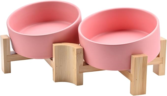 SPUNKYJUNKY 15° Slanted Ceramic Dog and Cat Bowl with Wooden Stand, Tilted Bulldog Food and Water Bowl No Slip Non-Spill for Cats Medium Dogs Big Face Pets 13.5 OZ (1.7 Cups, Pink × 2)-Mewly Pet