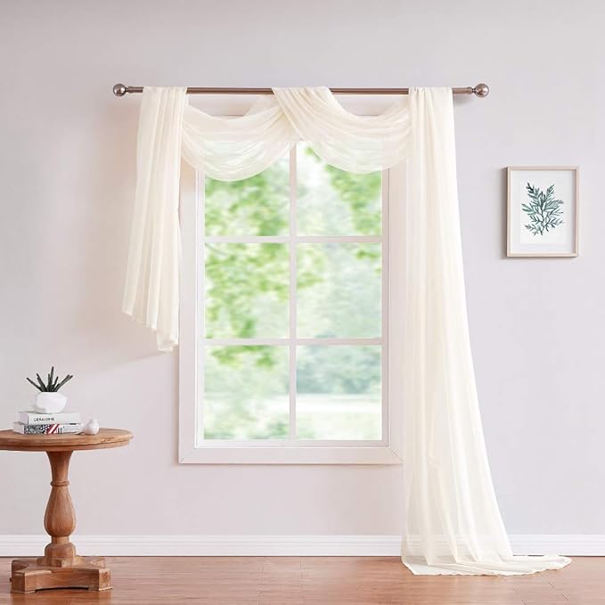 Warm Home Designs 30 Feet Long Sheer Light Beige Window Scarf. These XXL Length Valance Window Scarves 54 X 360 Inches in Size. Great as Bed Canopy or Wedding Arch Draping Fabric. AM Beige 360"