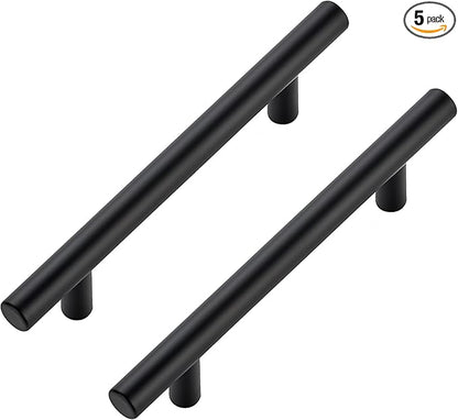 JOY DECOR 5 Pack Cabinet Handles, Black Cabinet Pulls, 4 in Hole Center Kitchen Hardware, Stainless Steel T Bar Handles for Dresser Drawers