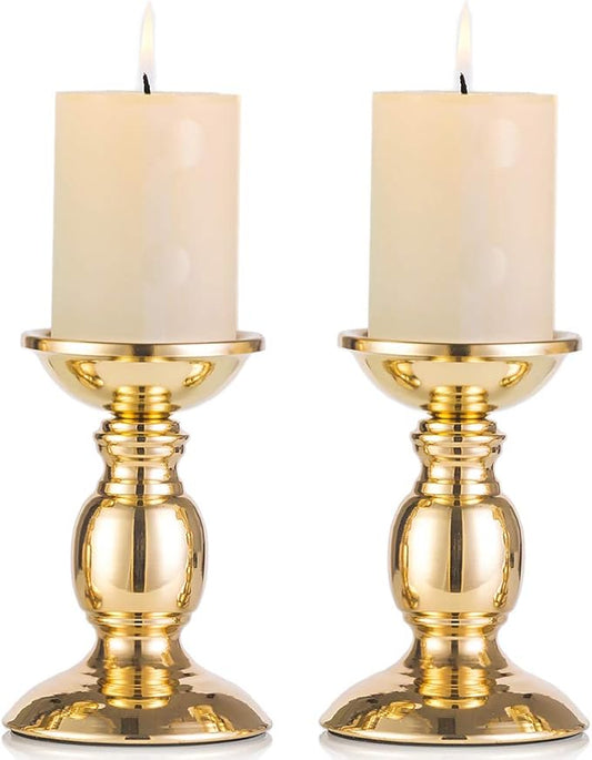 2 Pcs Gold Pillar Candle Holders, Gold Candlestick Most Ideal for 3" Pillar Candles, Gifts for Wedding, Party, Home, Spa, Reiki, Votive Candle (2 x S)