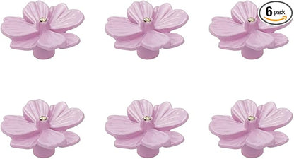 6Pcs Flower Shaped Drawer Knobs Single Hole Dresser Knobs Zinc Alloy Knobs, 1.57x0.83" Pink, with Mounting Screws