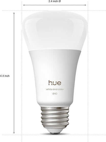 Philips Hue Smart LED A19 Bulb, White & Color Ambiance, E26 Base, 7.2W, Full Spectrum Light 1000K-20000K, 810 Lumens, Dimmable, Works with Alexa, Google,& Apple Home, 4pk
