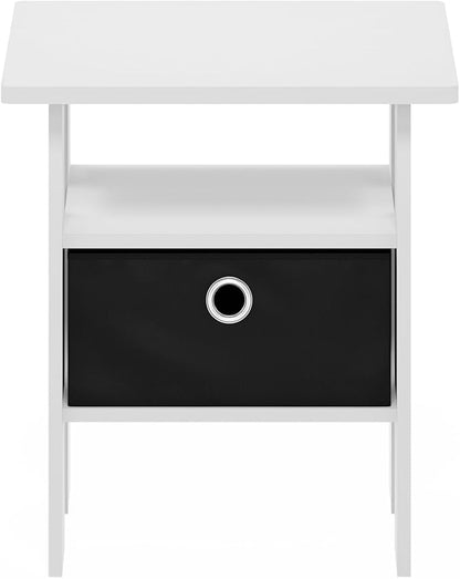 Furinno Andrey Side Table, End Table, Night Stand with Open Shelves and Storage Bin, Bedside Table, for Living Room, Bedroom, White