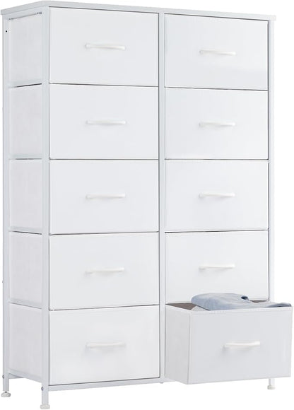 Sweetcrispy 10 Drawer Fabric Dresser Tall Chest Storage Organizer Tower with Cabinet Metal Frame and Wood Top Lightweight Nursery Closet Furniture for Bedroom,Cream White
