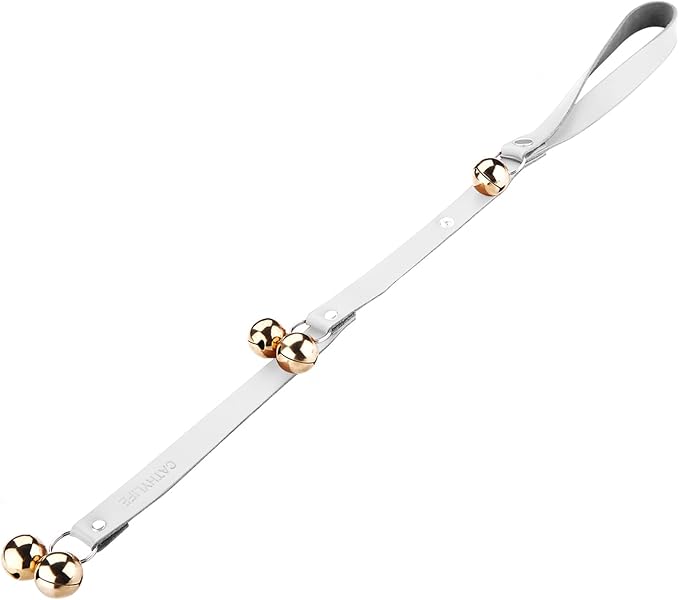 Leather Dog Doorbells for Door Knob/Potty Training/Go Outside, Length Adjustment Copper Dog Bell, Housetraining Hanging Bell, White Leather Golden Bells.-Mewly Pet