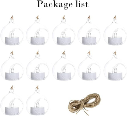 Sziqiqi Hanging Glass Globes Orbs Tea Light Candle Holders with Flameless LED Tealight for Wedding Ornaments, Wedding Birthday Christmas Party Centerpiece Accessory 2.36inch 10pcs +2 Extra