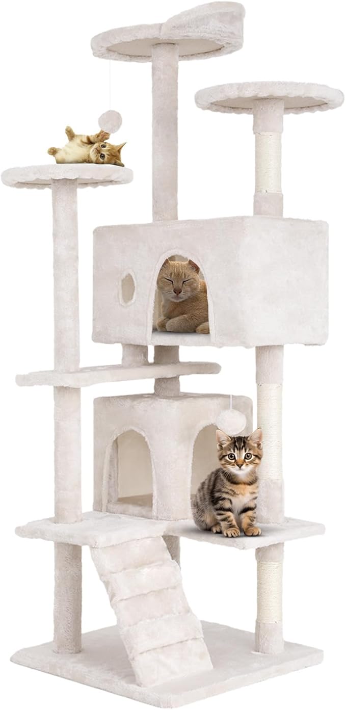 54.7 inches Cat Tower for Indoor Cats, Multi-Level Cat Condos with Scratching Posts, Hanging Toys, Beige-Mewly Pet