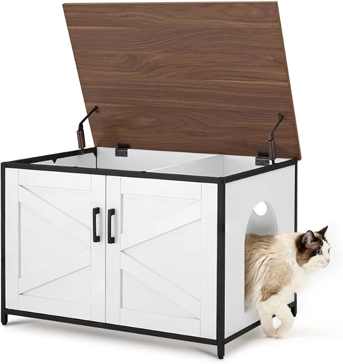 unipaws Extra Large Cat Litter Box Enclosure Furniture with Top Opening, XL Washroom Bench for Cats with Removable Divider, Jumbo Automatic Litter Box Cover and Hidden Cat Box-Mewly Pet