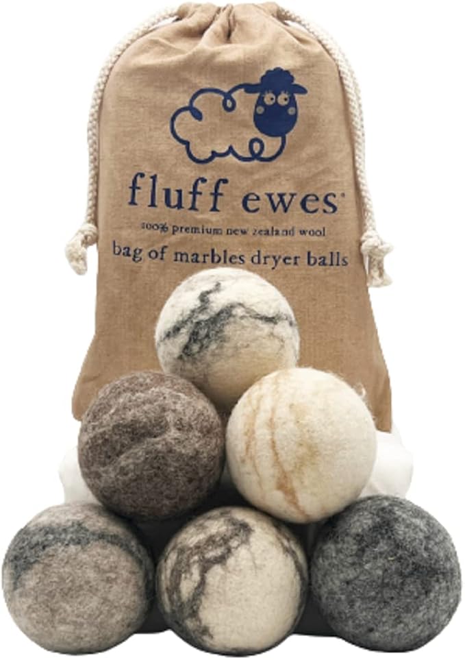 Fluff Ewes Wool Dryer Balls 6 Pack Premium New Zealand Wool Laundry Balls for Dryer, No Static Dryer Balls Laundry Reusable Cute, XL Wool Dryer Balls Cute, Baby Dryer Balls for Dryers - Marble-Mewly Pet