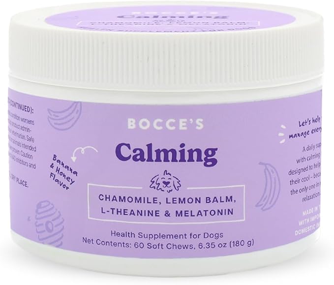 Bocce's Bakery Calming Supplement for Dogs, Daily Chews Made in The USA with Chamomile, Lemon Balm, L-Theanine & Melatonin, Supports Stress, Peanut Butter & Honey, 60 ct-Mewly Pet