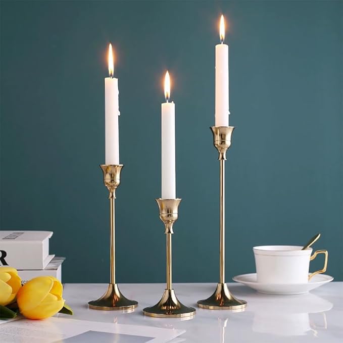 Taper Candle Holder Set of 6, Brass Gold Tall Candlestick Holders, Metal Vintage Candle Stickers Long Holder Set, Pillar Decorative Candle Holder Fits 3/4 Inch Candle for Wedding