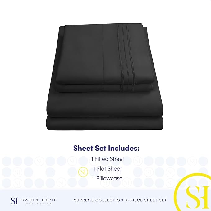 Twin Sheets - Breathable Luxury Sheets with Full Elastic & Secure Corner Straps Built In - 1800 Supreme Collection Extra Soft Deep Pocket Bedding Set, Sheet Set, EXTRA DEEP pocket - Twin, Black