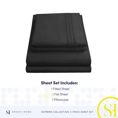 Twin Sheets - Breathable Luxury Sheets with Full Elastic & Secure Corner Straps Built In - 1800 Supreme Collection Extra Soft Deep Pocket Bedding Set, Sheet Set, Twin, Black