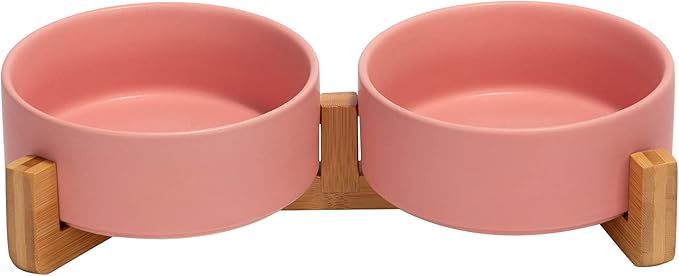SPUNKYJUNKY Ceramic Dog and Cat Bowl with Wood Stand Non-Slip Matte Glaze Weighted Food Water Set for Cats &Small Dogs 13.5 OZ-Mewly Pet