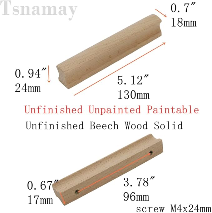 2Pcs Unfinished Beech Wood Solid Furniture Pulls Handles,Unfinished Unpainted Paintable Wooden Handles Cupboard Closet Drawer Handle Pull,Length 5.12",Hole Dis.3.78"