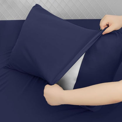 Deep Pocket Twin Sheets Set for Kids Air Mattress - Extra Deep Pocket Twin Sheet Sets - 3Pcs Side Storage Pocket Fitted Sheet & Pillowcases Easily Fits 16in to 24in Pillow Top Bed Mattress - Navy Blue