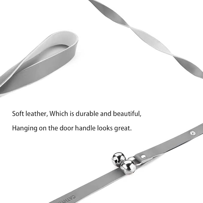 Leather Dog Doorbells for Door Knob/Potty Training/Go Outside, Length Adjustment Copper Dog Bell, Housetraining Hanging Bell, Gray Leather Silver Bells-Mewly Pet