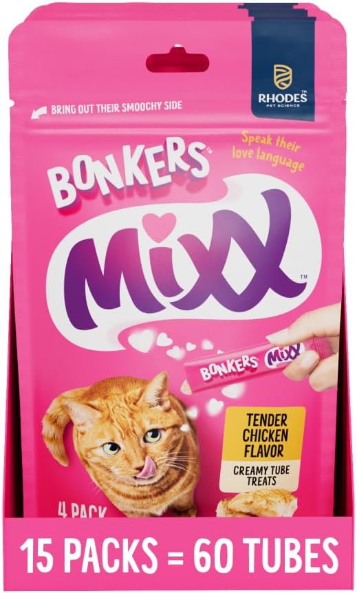BONKERS Mixx, Wet Lickable Tube Tender Chicken Flavor Cat Treats, Real Meat Treats, Treats for Training or Food Topper, for All Breeds and Ages, Value Pack (15 Pack, 60 Tubes)-Mewly Pet