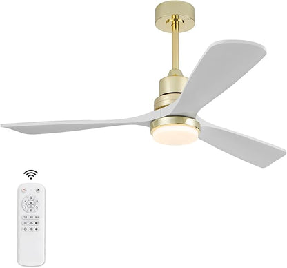 BOJUE 52 Inch Gold Ceiling Fans with Lights and Remote, Dimmable LED Light, Modern Solid Wood Ceiling Fan with Light for Indoor/Outdoor Farmhouse, Bedroom, Patio - Gold Finish and White Blades