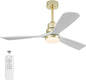BOJUE 52 Inch Gold Ceiling Fans with Lights and Remote, Dimmable LED Light, Modern Solid Wood Ceiling Fan with Light for Indoor/Outdoor Farmhouse, Bedroom, Patio - Gold Finish and White Blades