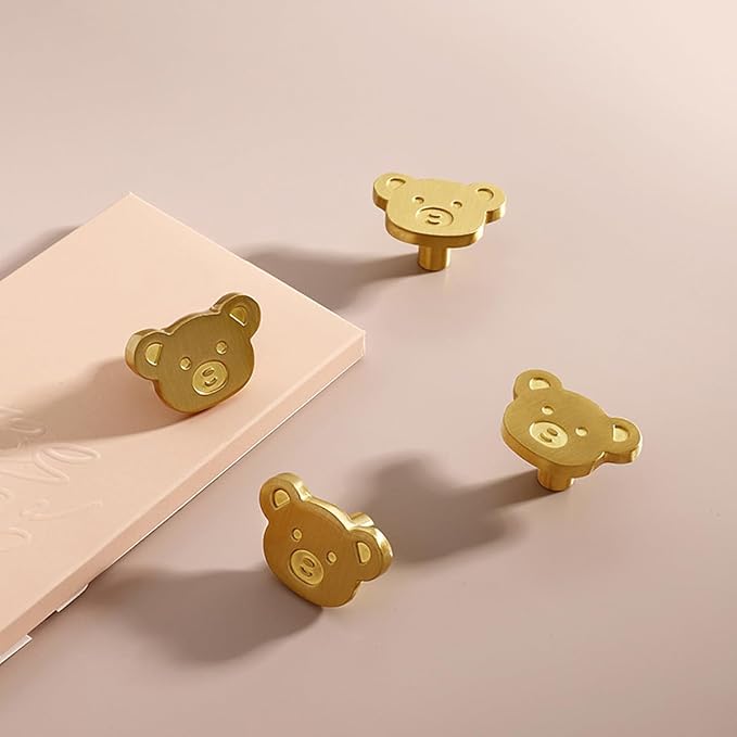 4Pcs Cute Brass Knobs for Kids, Children's Room Nursery Drawer Cupboard Handles for Boys and Girls (Bear, Size: 1.5" L x 1" W)